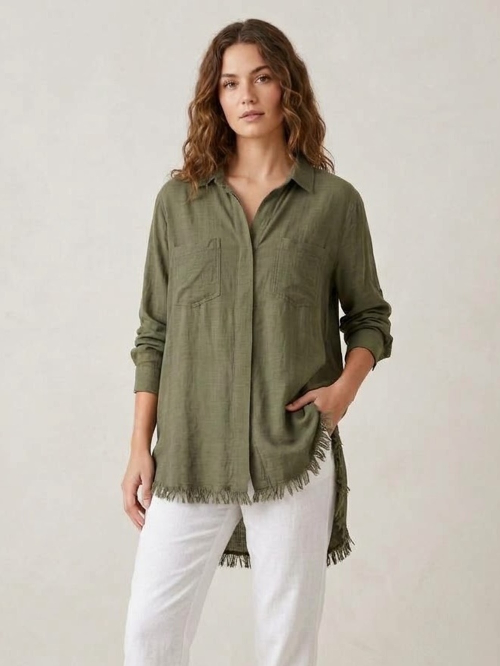 Umgee Olive Button-Down Shirt with Fringe Hem
